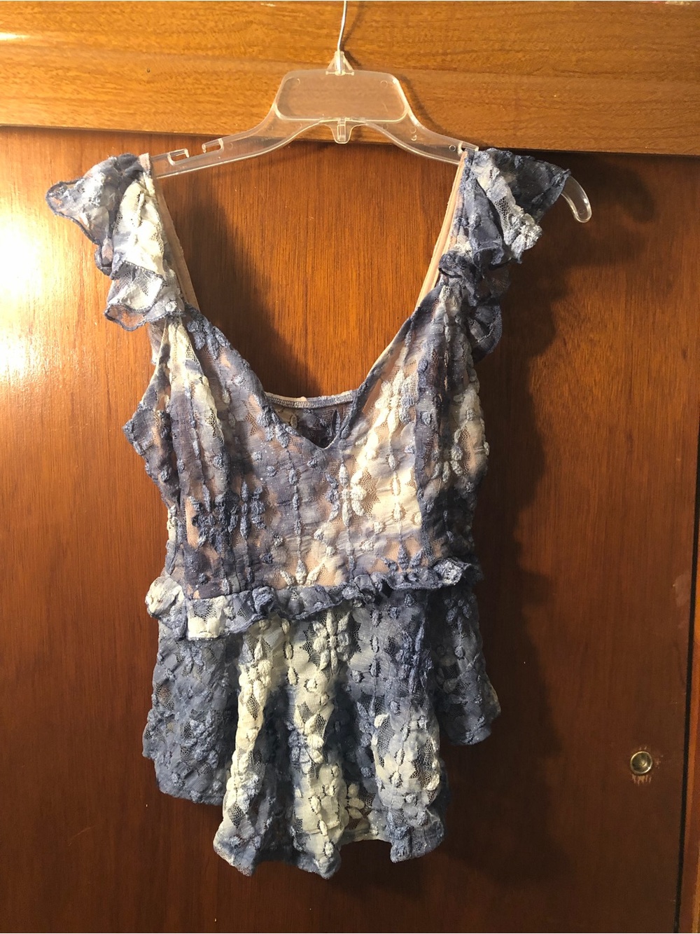 Blue Lace Ruffle Peplum Blouse - Sleeveless V-Neck